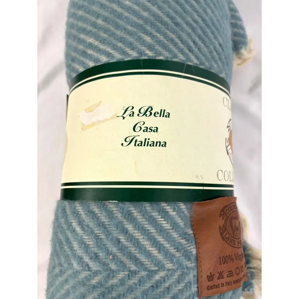 Vintage Italian Herringbone Throw Blanket Smoke Blue 53x60 Fringe Made‎ in Italy